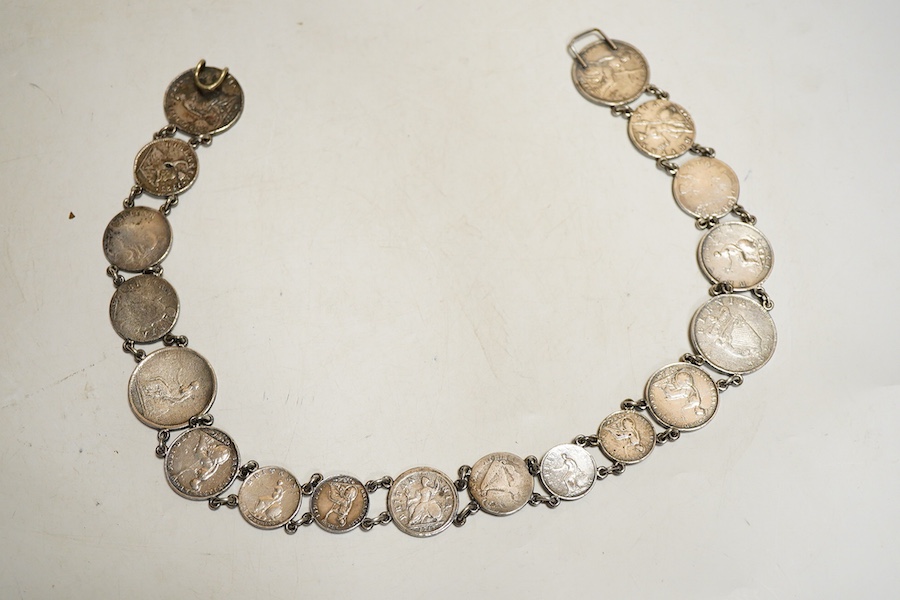 A Victorian silver and silver plated coin belt, formed of various coins Charles II and later, length 62 cm., gross weight approx. 6.65ozt